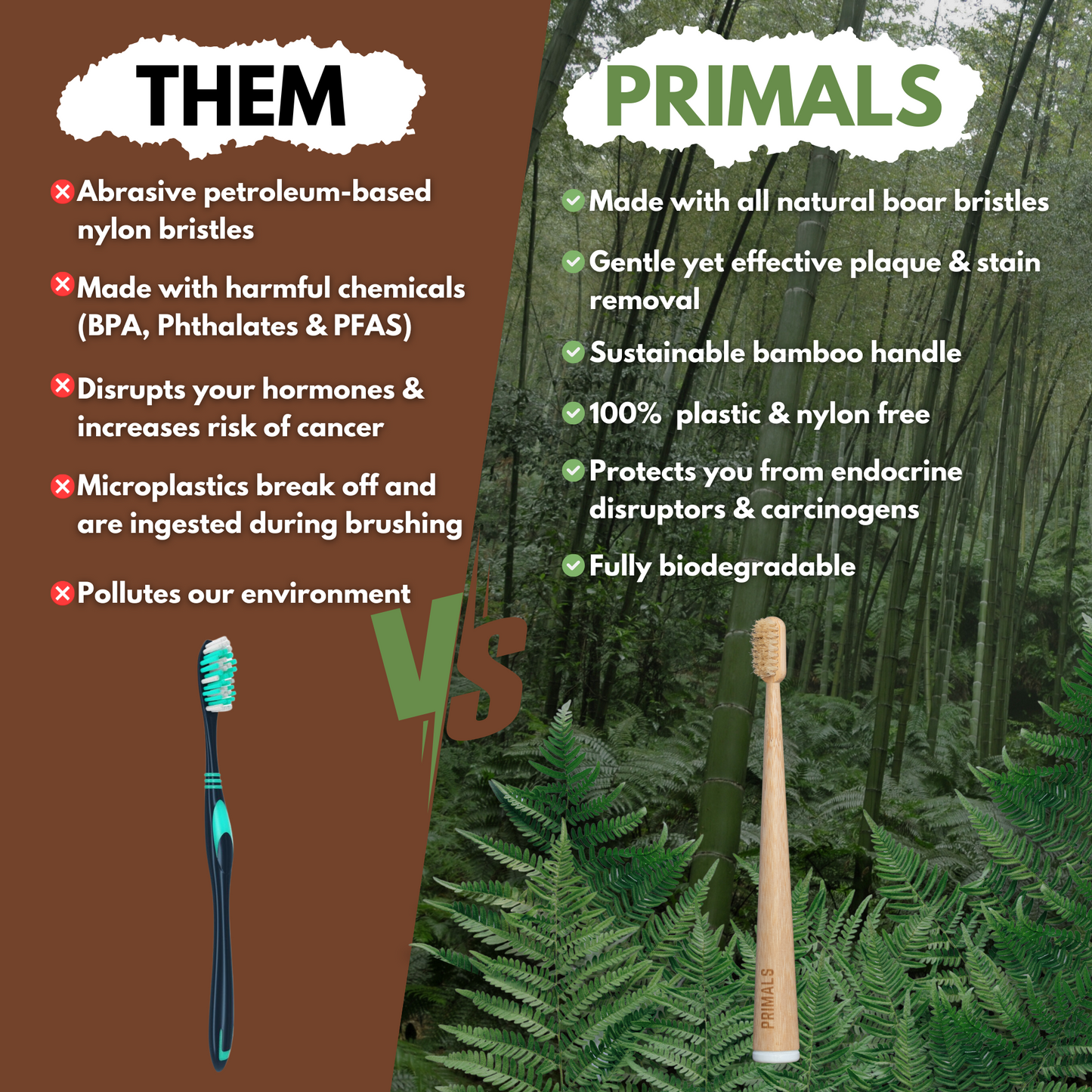 PRIMALS Boar Bristle & Bamboo Toothbrush (4 Pack)