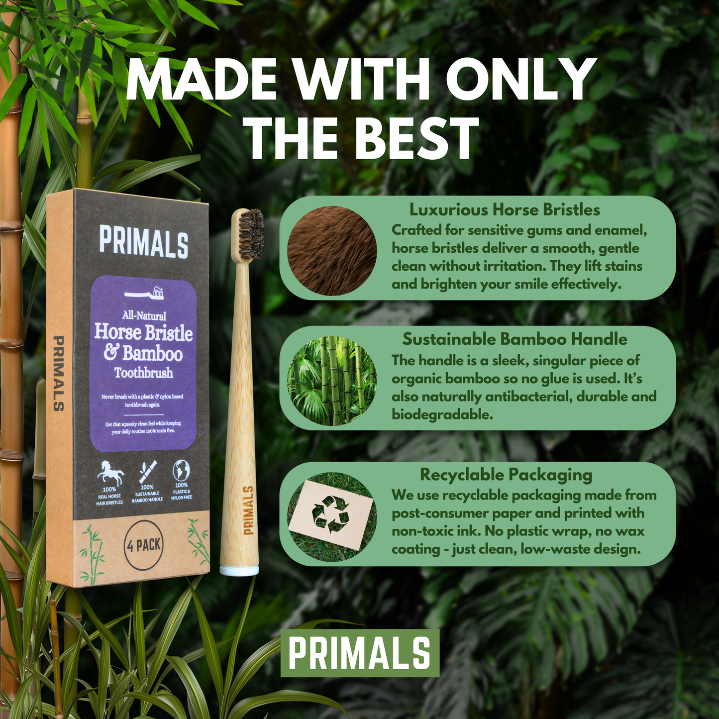 PRIMALS Horse Bristle & Bamboo Toothbrush (4 Pack)