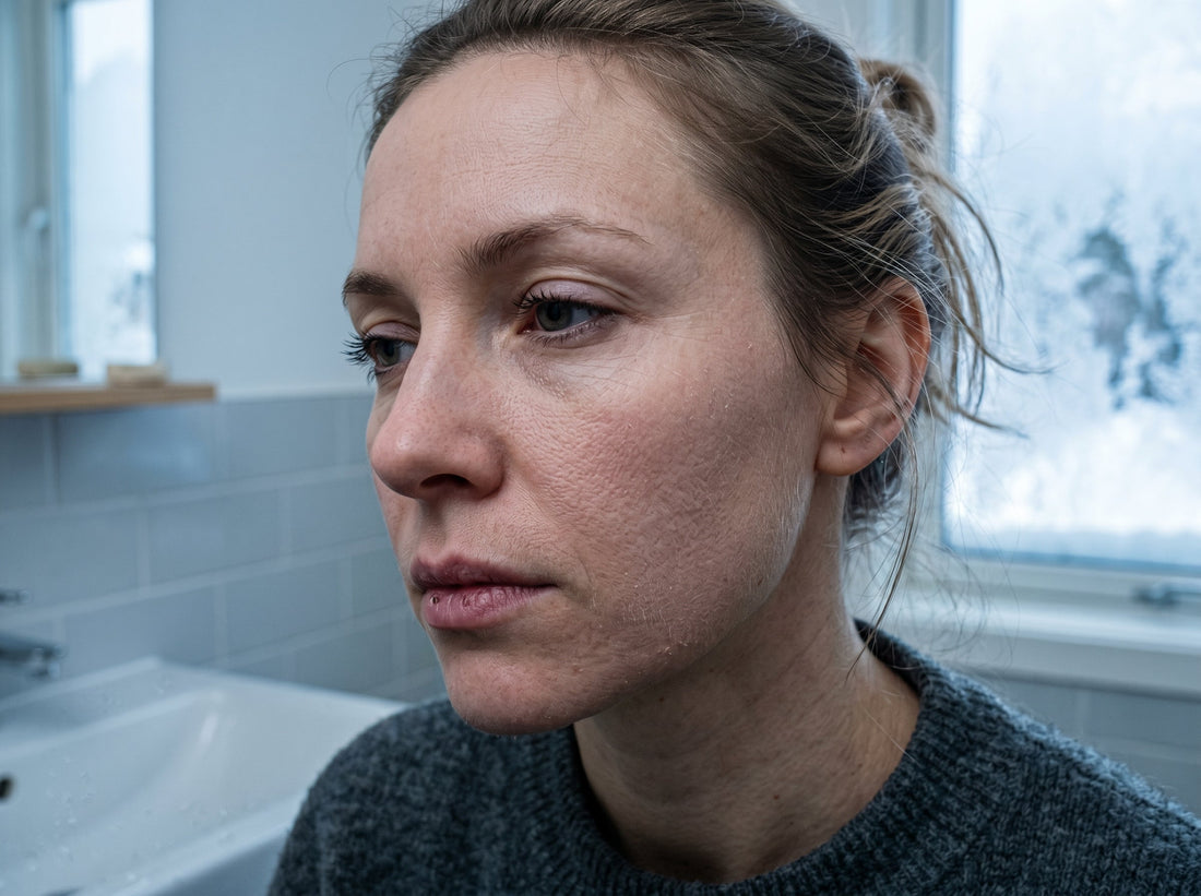 woman dry tight facial skin cold winter bathroom blue-grey light skin barrier damage chlorine hard water shower