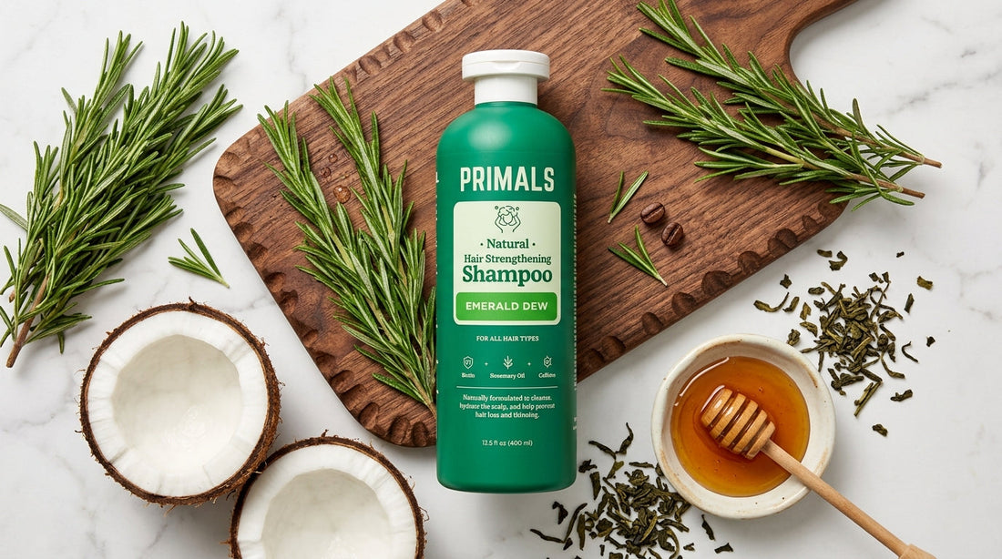 PRIMALS Hair-Strengthening Shampoo with rosemary oil, coconut, green tea, and honey ingredients for natural male hair loss treatment