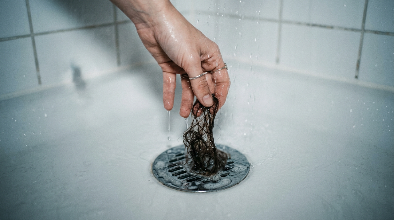 Woman pulling clumps of hair out due to tap water hair loss