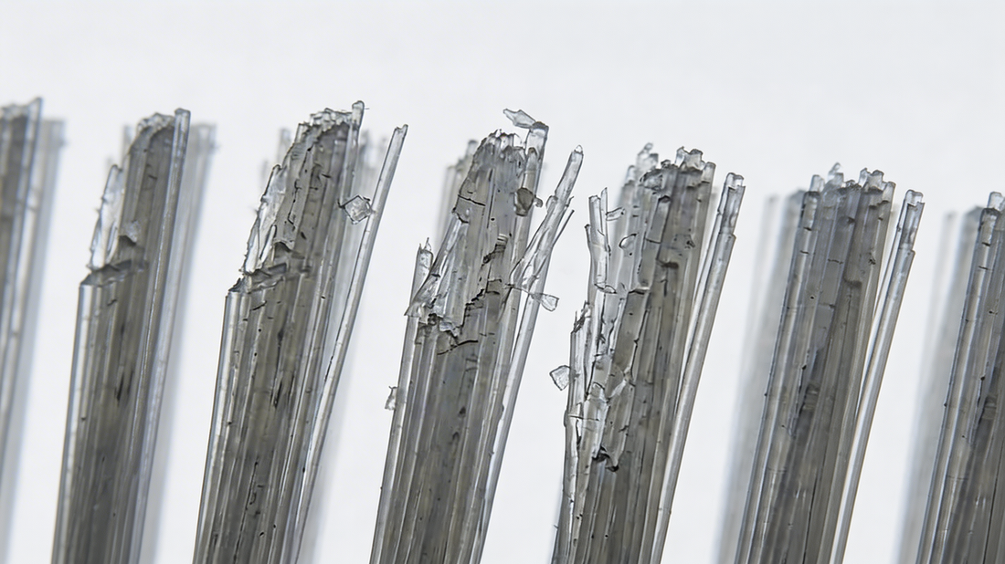 close-up macro photo of frayed plastic nylon toothbrush bristles shedding microplastic fragments