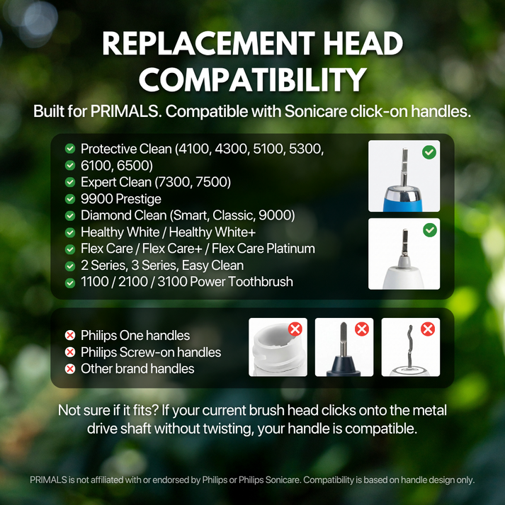 PRIMALS replacement head compatibility chart for Philips Sonicare handles