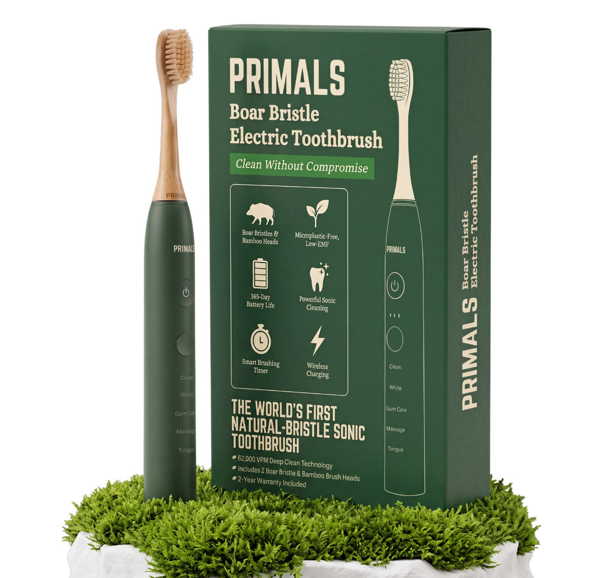 PRIMALS Boar Bristle Electric Toothbrush in green with a bamboo brush head and creamy natural bristles, standing beside its green retail box on a bed of moss. The box reads "Clean Without Compromise" and "The world's first natural-bristle sonic toothbrush," and lists features: boar bristles and bamboo heads, microplastic-free and low-EMF, 365-day battery life, gentle sonic cleaning, smart brushing timer, and wireless charging. It also notes 83,000 VPM deep clean technology, 2 included boar bristle and bamboo brush heads, and a 2-year warranty. The handle has a power button and five modes: Clean, White, Gum Care, Massage, and Tongue.
