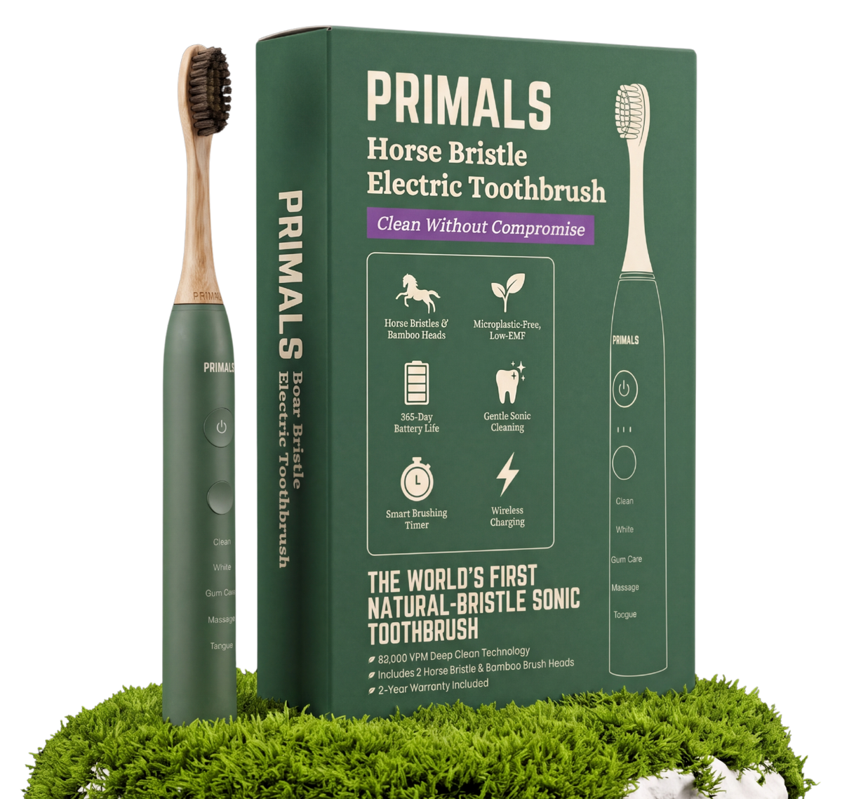 Primals Horse Bristle Electric Toothbrush in green with a bamboo brush head and dark natural bristles, standing beside its green retail box on a bed of moss. The box reads "Clean Without Compromise" and "The world's first natural-bristle sonic toothbrush," and lists features: horse bristles and bamboo heads, microplastic-free and low-EMF, 365-day battery life, gentle sonic cleaning, smart brushing timer, and wireless charging. It also notes 83,000 VPM deep clean technology, 2 included horse bristle and bamboo brush heads, and a 2-year warranty. The handle has a power button and five modes: Clean, White, Gum Care, Massage, and Tongue.
