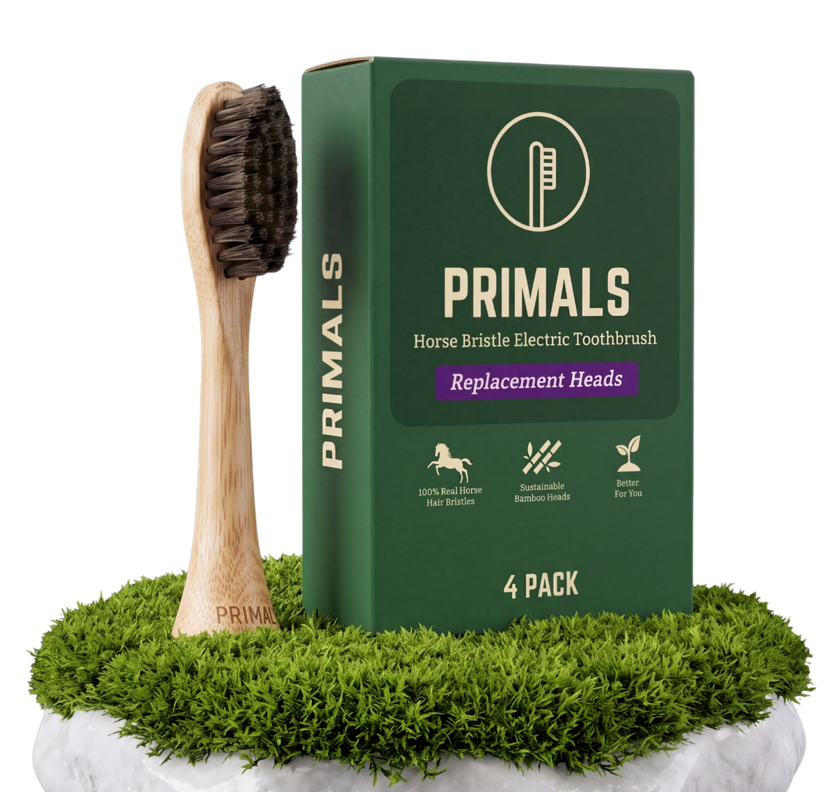 PRIMALS Horse Bristle Electric Toothbrush Replacement Heads, 4 pack, shown as a bamboo brush head with dark natural horse hair bristles standing beside its green box on moss and white marble.