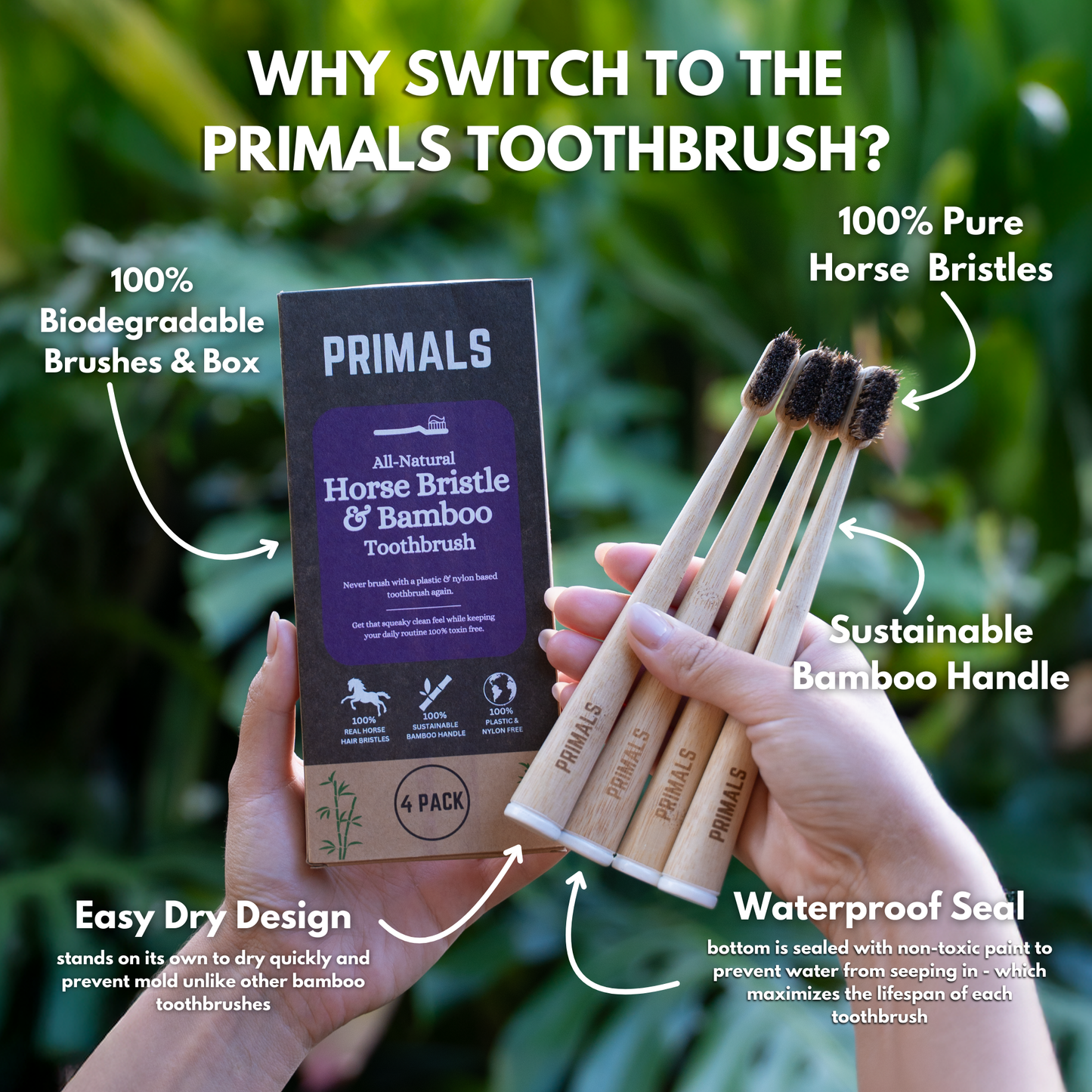 PRIMALS Horse Bristle & Bamboo Toothbrush (4 Pack)