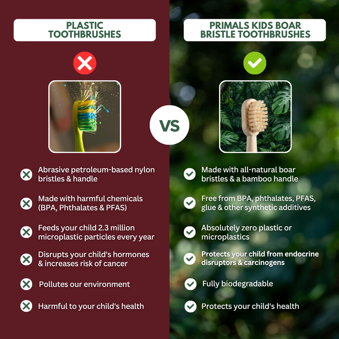 PRIMALS Kids Boar Bristle & Bamboo Toothbrush (4 Pack)