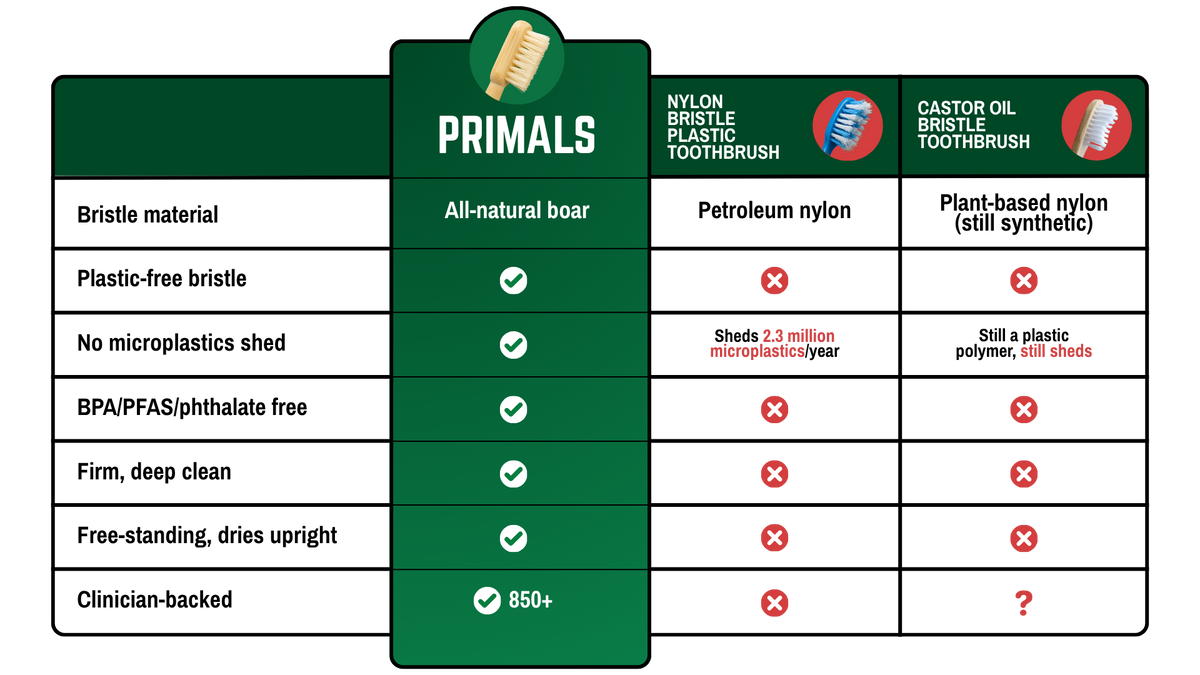 PRIMALS boar bristle toothbrush compared to nylon and castor oil bristle toothbrushes