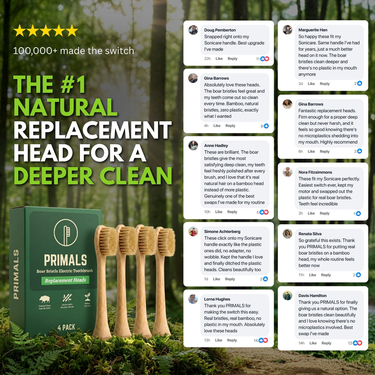 PRIMALS boar bristle replacement heads and 4-pack box beside eleven five-star customer comments praising the deep clean.
