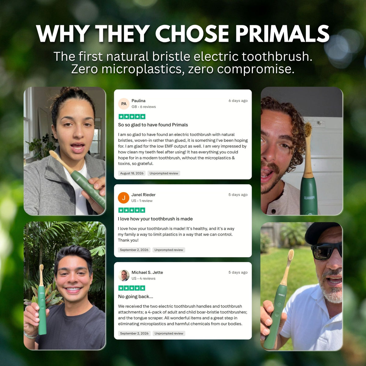 Four customers holding PRIMALS toothbrushes alongside three five-star written reviews.