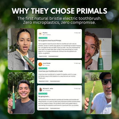Four customers holding PRIMALS toothbrushes alongside three five-star written reviews.