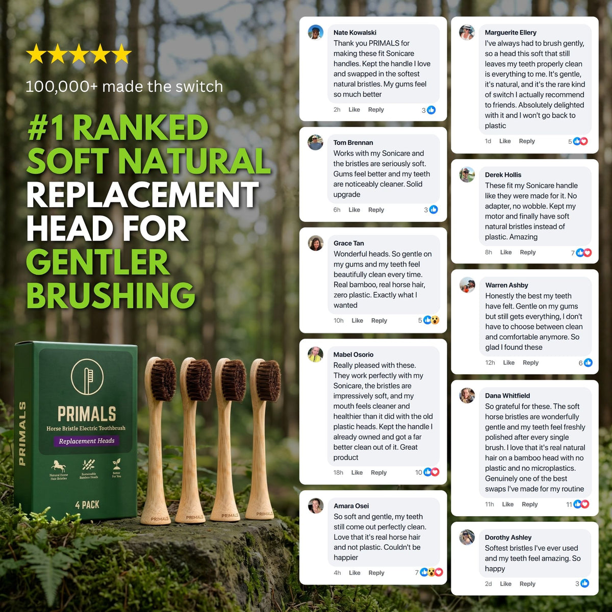 PRIMALS horse bristle replacement heads and 4-pack box beside eleven five-star customer comments praising their softness.