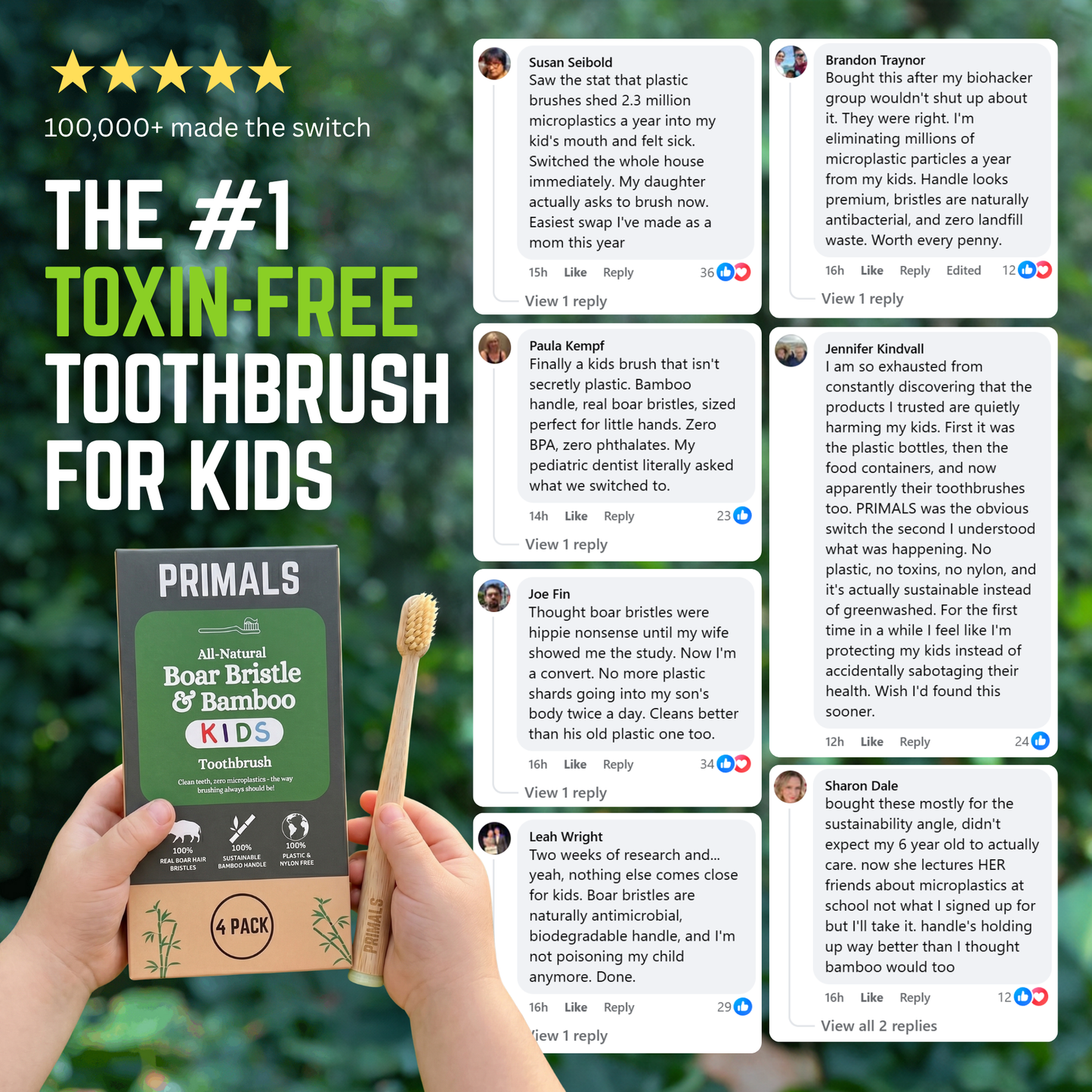 PRIMALS Kids Boar Bristle & Bamboo Toothbrush (4 Pack)