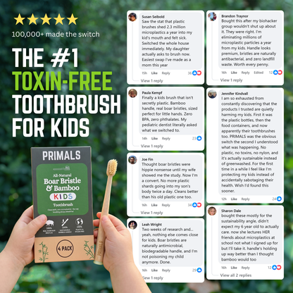 PRIMALS Kids Boar Bristle & Bamboo Toothbrush (4 Pack)